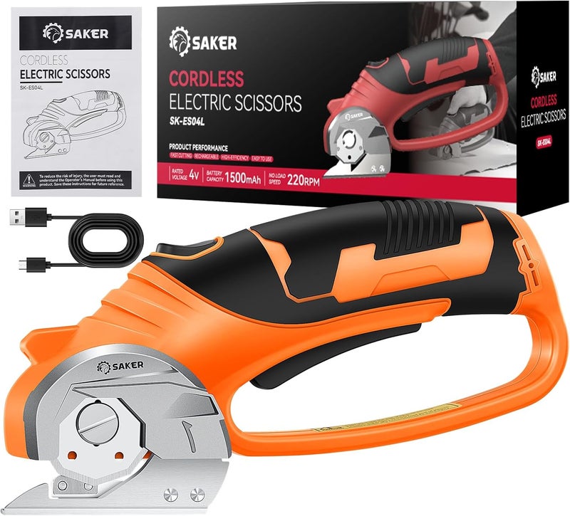 Saker Box Cutter Electric Cordless: Card board Cutter Scissors for Fabric Leather Paper Plastic - Cardboard Cutting Tool with 4V Recharged Battery - Safety Lock and LED Light for Cutting,Orange - Image 1